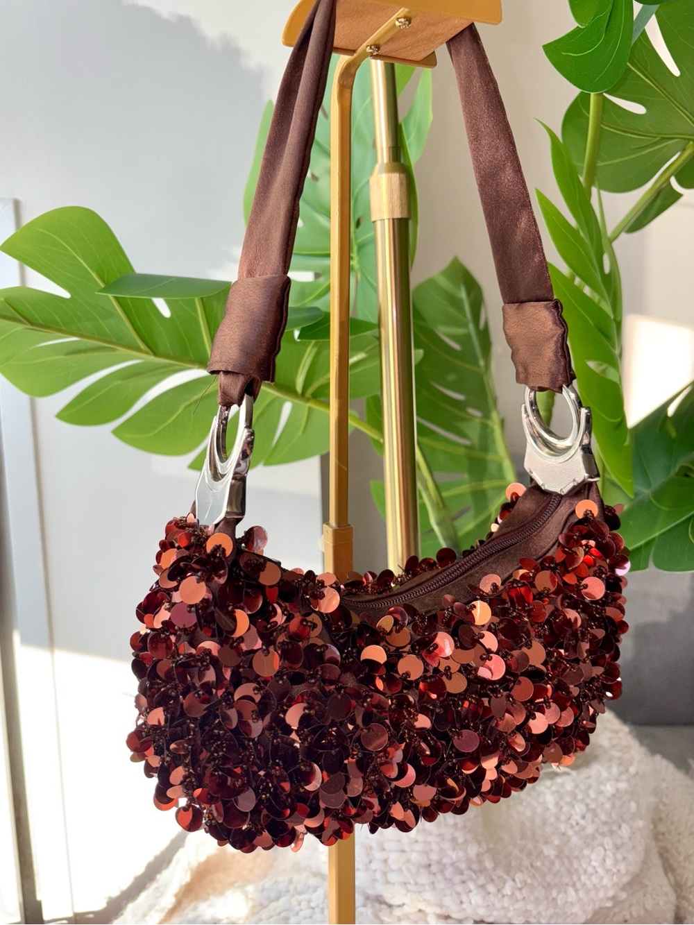 Vintage Y2K ALDO Brown Sequin Paillette Bow Shoulder Bag 2000s